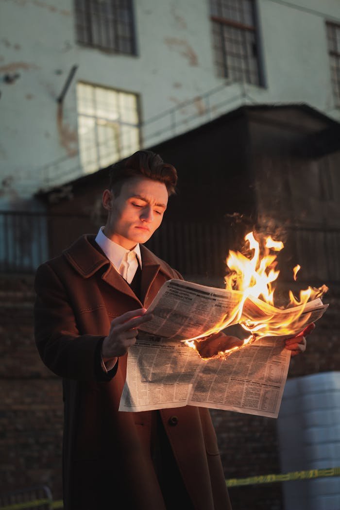 A man in a coat reads a burning newspaper outside at night, dramatic scene.
